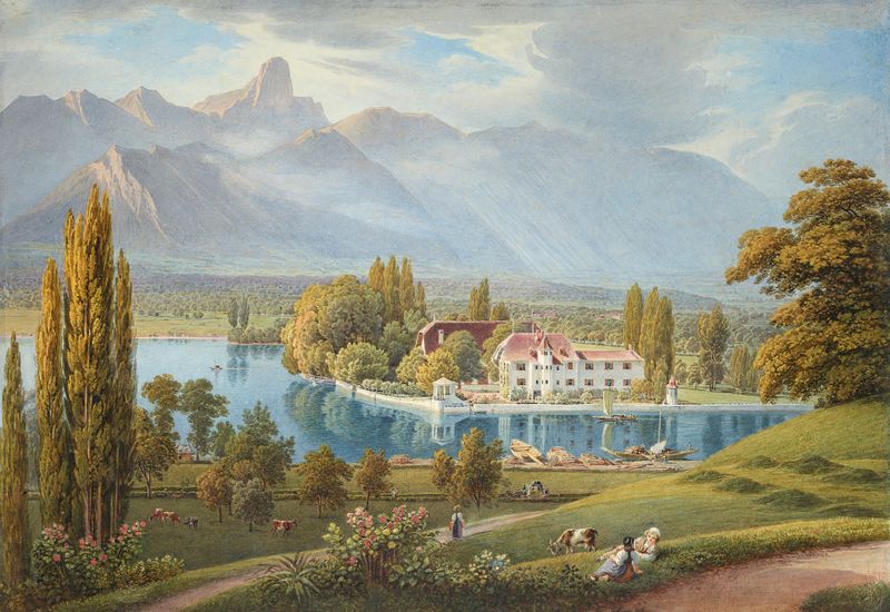 Paisagem com rios e folhagem exuberante, óleo sobre tela de Gabriel Lory the Younger