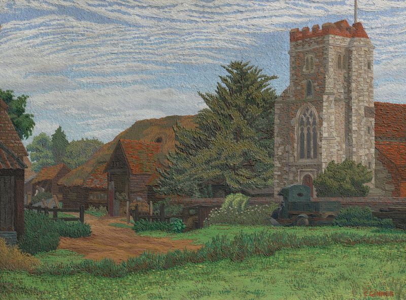 Church and Barn, Waltham St Lawrence by Charles Ginner, oil on canvas depicting a serene landscape