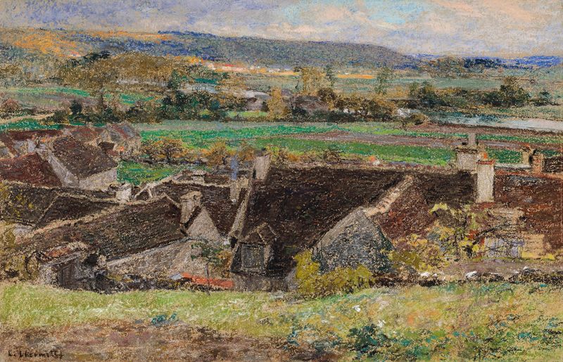 Telhados de vila sob um céu pálido em óleo de Léon Augustin Lhermitte