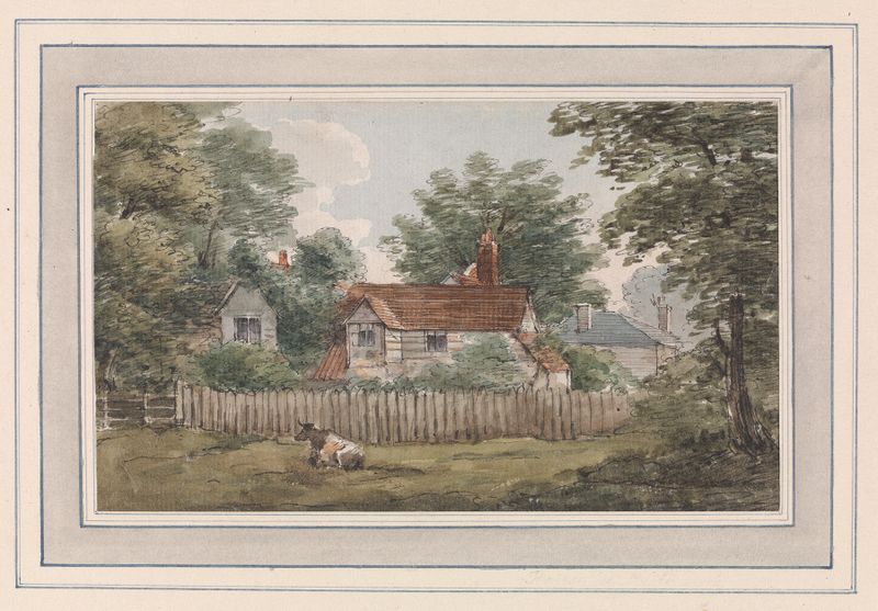 House in Hyde Park by George Arnald, oil painting depicting a tranquil dwelling surrounded by greenery.