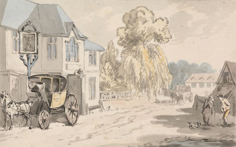 Riders Outside an Inn, óleo sobre tela de Samuel Howitt, retratando cavaleiros perto de uma estalagem.