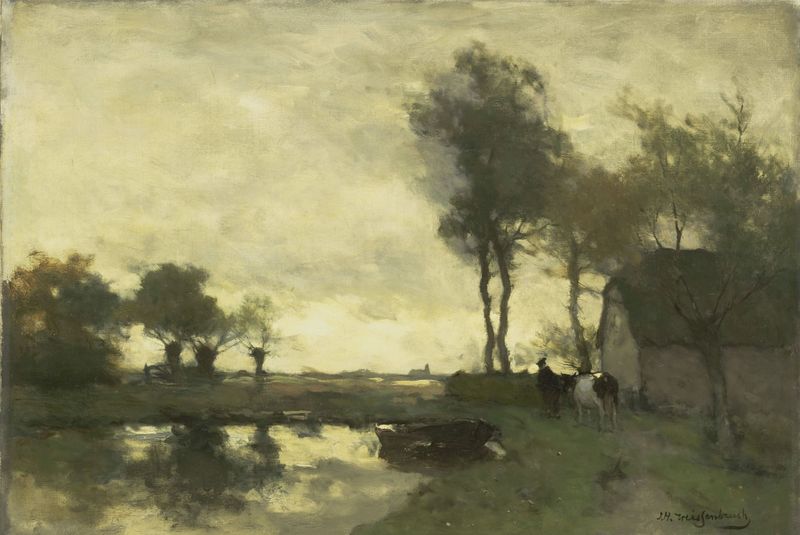 Landschap met boerderij bij een plas, oil on canvas by Johan Hendrik Weissenbruch