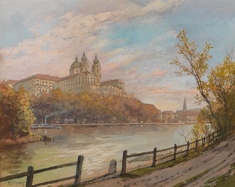 Stift Melk de Georg Janny, óleo sobre lienzo que representa un paisaje de abadía con nubes y luz.