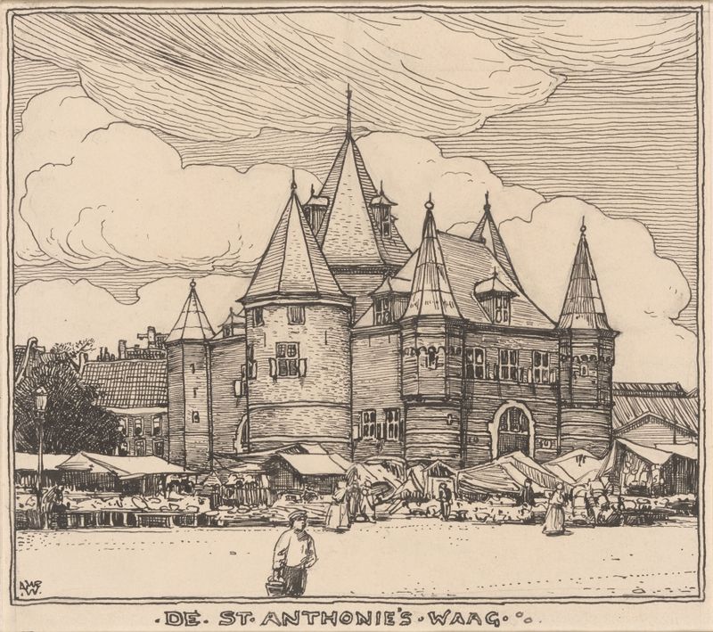 De St. Anthonie’s Waag te Amsterdam de Willem Wenckebach, pintura al óleo que representa un histórico peso junto al agua.