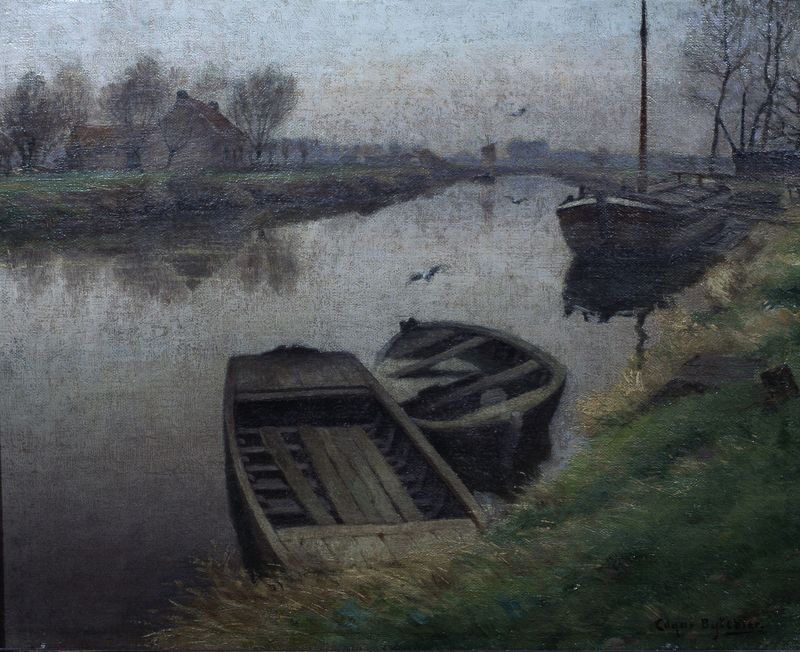 The River Scheldt at Merelbeke by Edgar Bytebier, impressionism, depicting a tranquil river landscape.