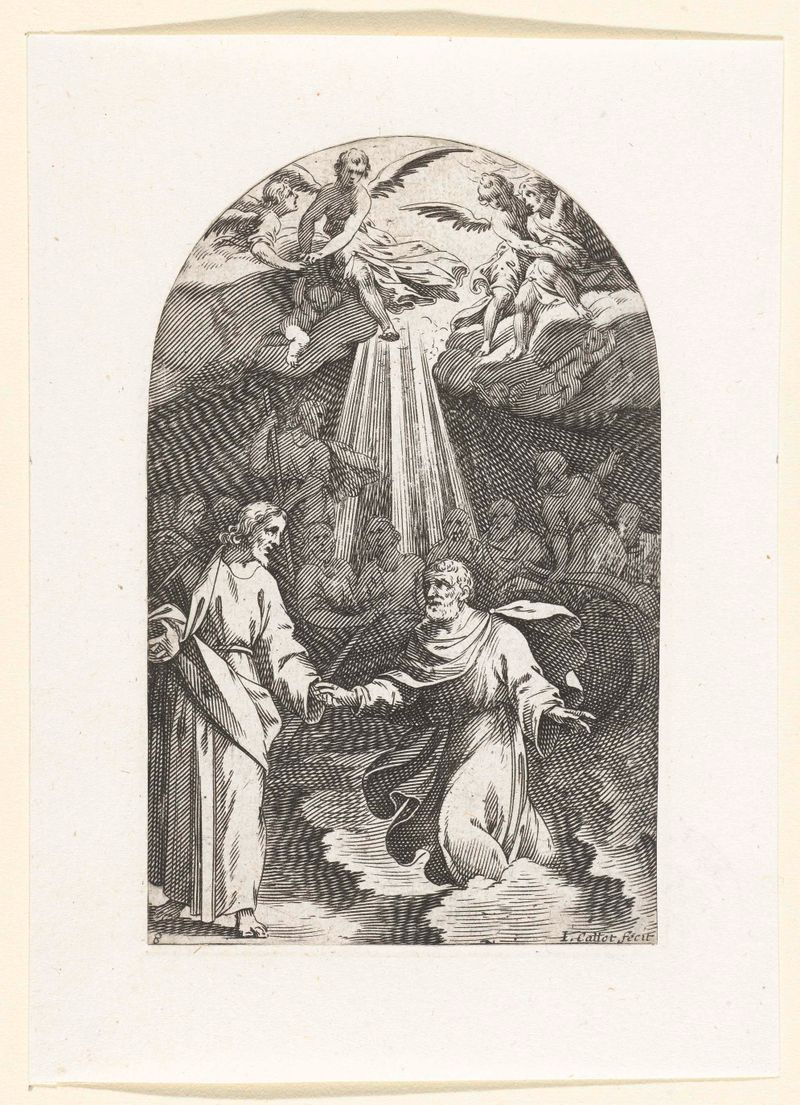 Gravura de Jacques Callot mostrando Cristo caminhando sobre as águas com ondas e luz.