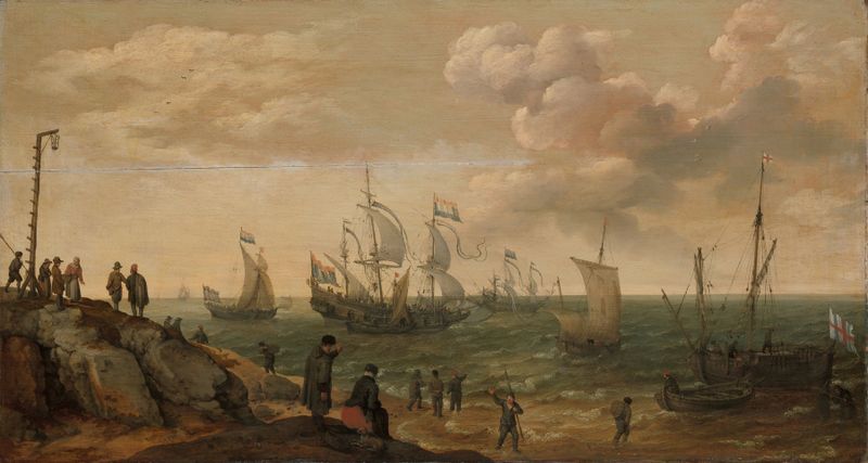 Marine scene with ships along the shore, oil painting by Adam Willaerts