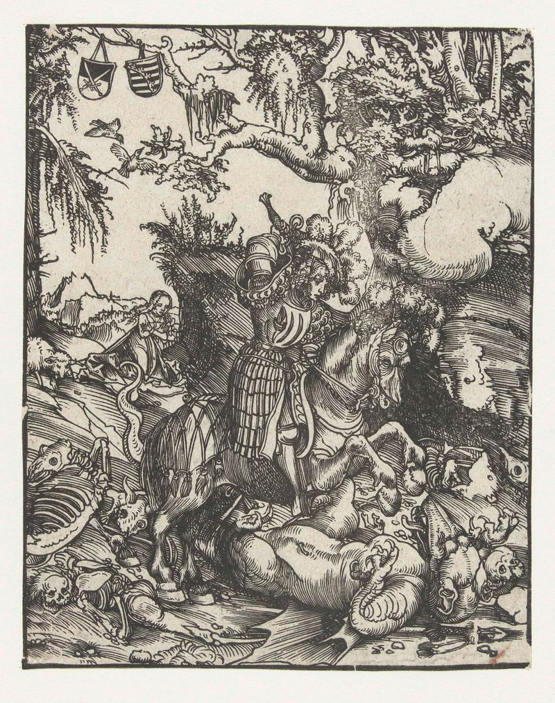 São Jorge em armadura matando um dragão, xilogravura de Lucas Cranach