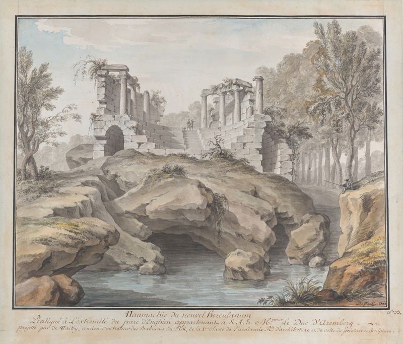 Design for a Naumachia by Charles de Wailly, ink on paper, depicting children in Roman attire by a water arena.