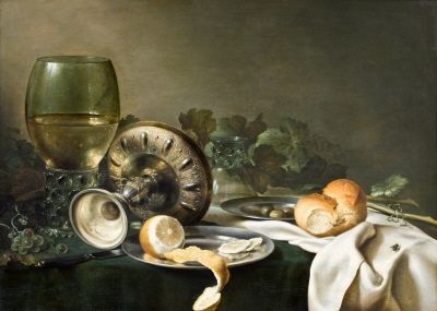 Natureza morta de Willem Claesz Heda com vidro, frutas e louças