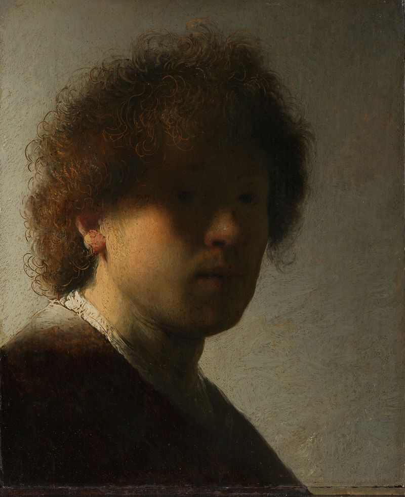 Autorretrato de Rembrandt van Rijn, óleo sobre panel, mostrando luz en su mejilla y sombra en su rostro.