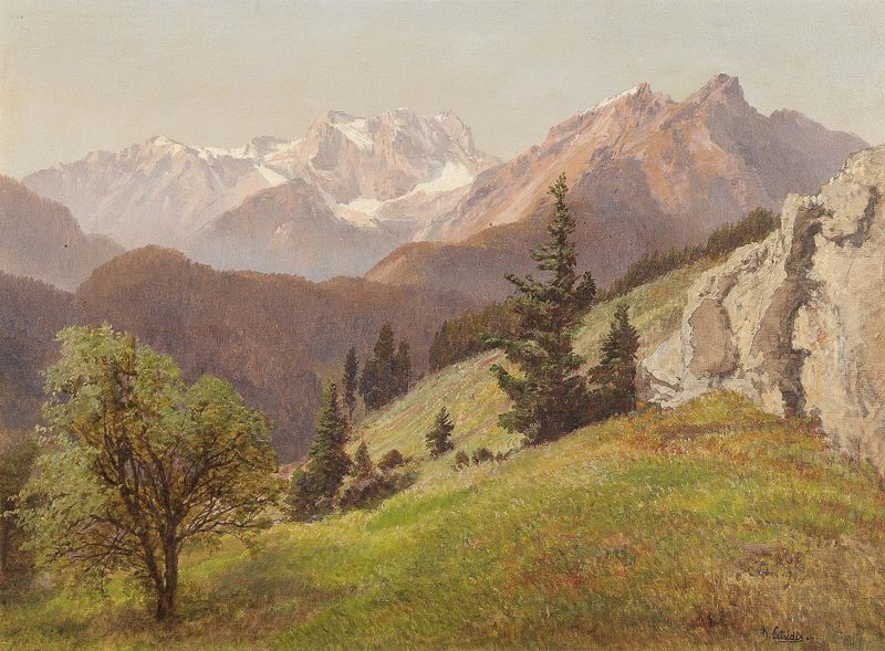 Paisaje montañoso de Konrad Petrides, que representa un valle exuberante bajo un cielo cerúleo, pintura al óleo