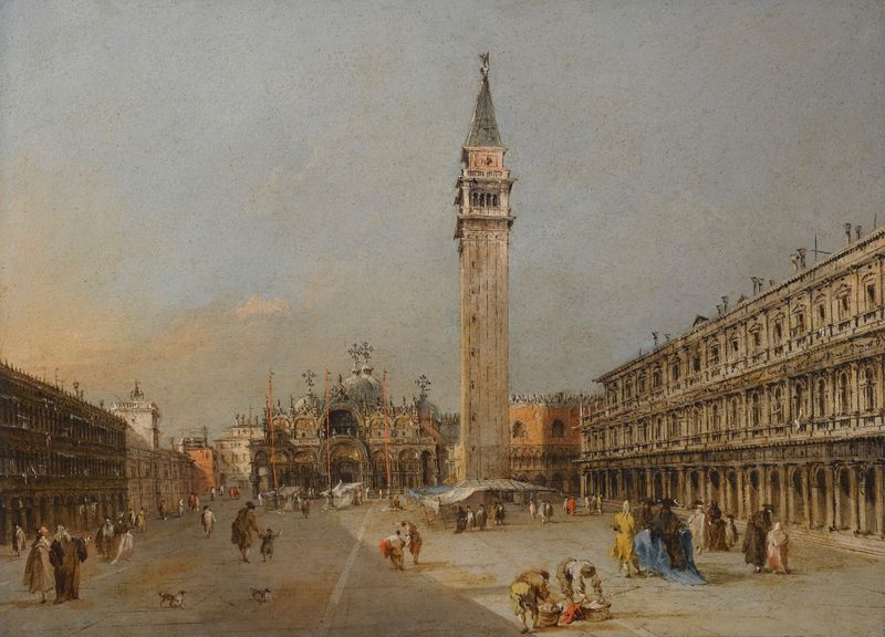 Rococo oil painting by Francesco Guardi depicting the Basilica and Campanile in Venice.