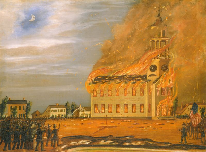 Burning of Old South Church de John Hilling, pintura a óleo que retrata chamas e caos.