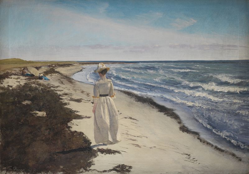Figurative oil painting by Laurits Andersen Ring depicting a woman at the beach with a parasol.