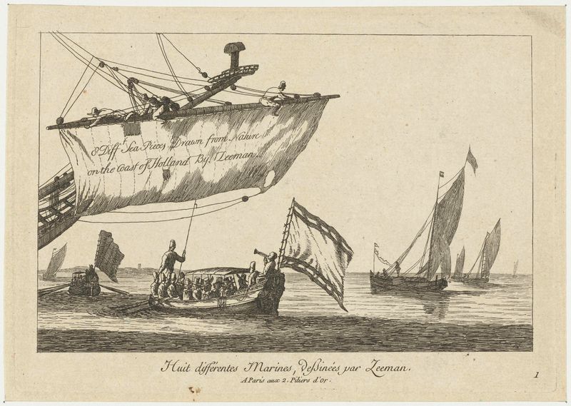 Gravura de Unknown Artist mostrando barcos à vela em águas calmas com reflexos de luz