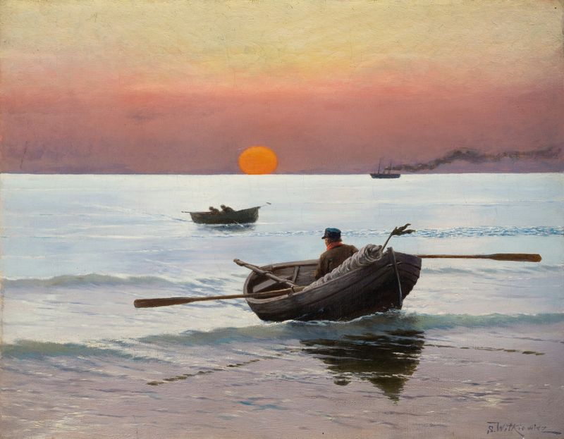 Sunset on the Sea by Stanisław Witkiewicz, oil on canvas showing vibrant sunset colors over the sea.