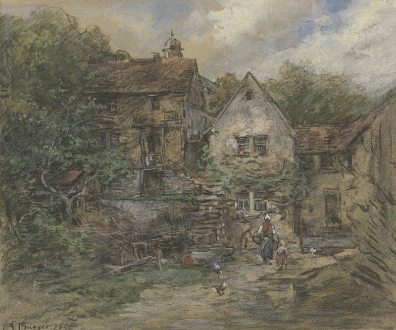 Farm de Anton Burger, obra de realismo que representa un paisaje rural con campos y un granero