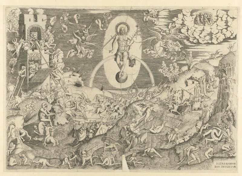Grabado de Unknown Artist que representa figuras y juicio en Laatste Oordeel