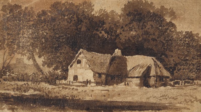 A cottage in a wooded landscape, oil painting by Samuel Palmer