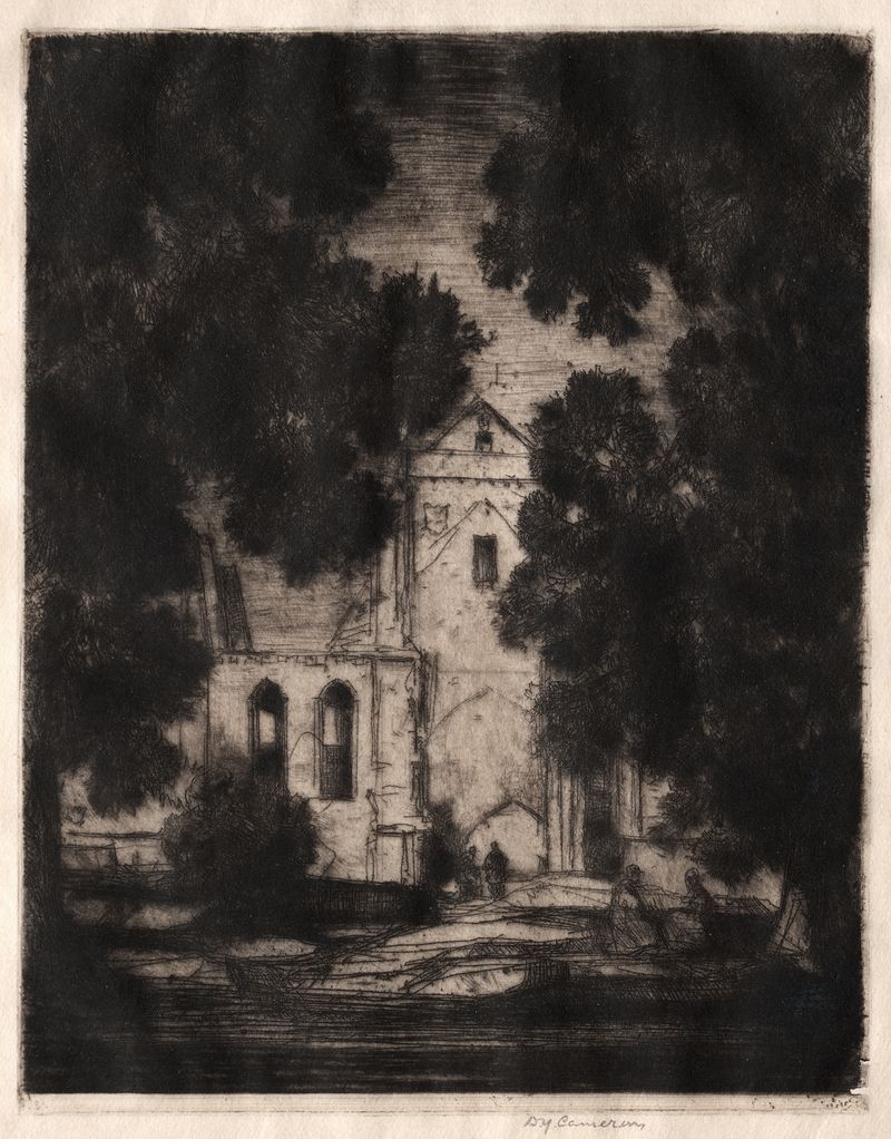 Etching by David Young Cameron depicting rolling hills and a twilight sky.