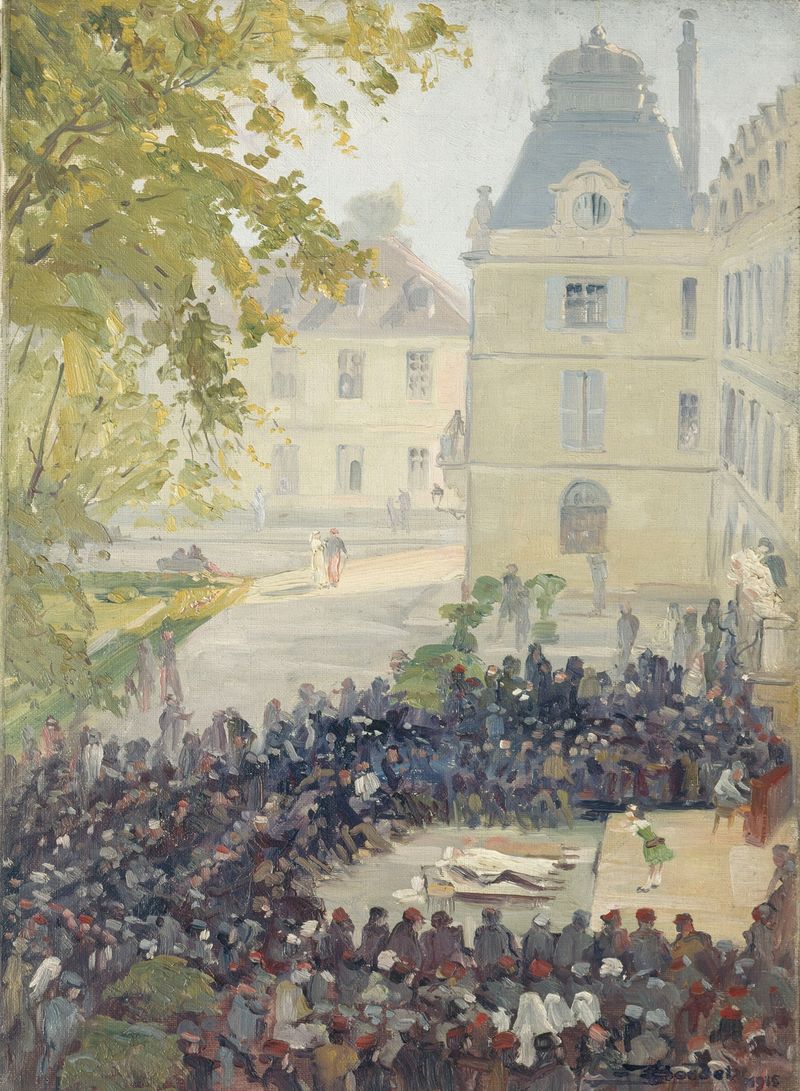 Escena de género que muestra a soldados heridos escuchando música en un patio, de Ernest Boudet.