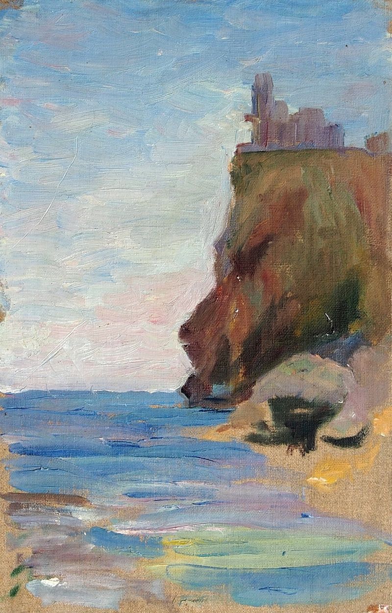 Loss kaljul by Lilly Walther, oil painting depicting a twilight landscape with water reflections.