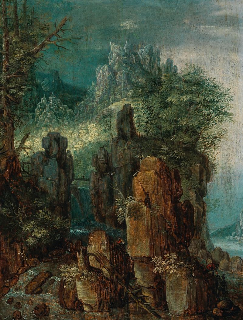 A mountainous river landscape with figures and goats, oil on panel by Roelant Savery