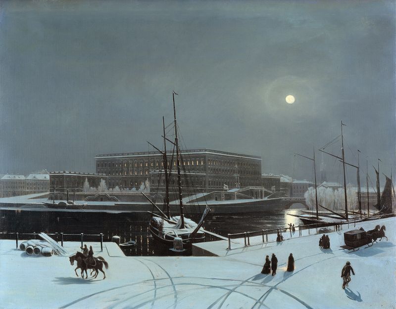Winter landscape featuring the Royal Palace of Stockholm, oil painting by Carl Stefan Bennet