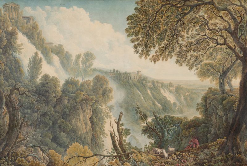 As Cachoeiras de Tivoli, paisagem de Abraham-Louis-Rodolphe Ducros, meio desconhecido