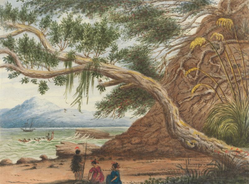 Oil on canvas by Lt. Gen. Charles Emilius Gold depicting a Maori warrior and women in a lush landscape.