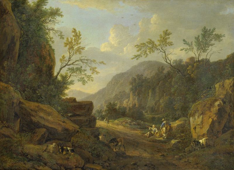 Rocky landscape at twilight by Johann Franz Ermels, oil painting