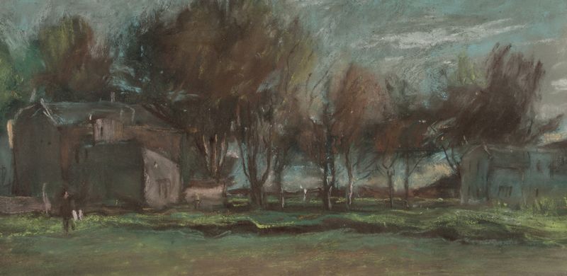 Landscape with trees and a village by Joseph Frank Currier, medium unknown.