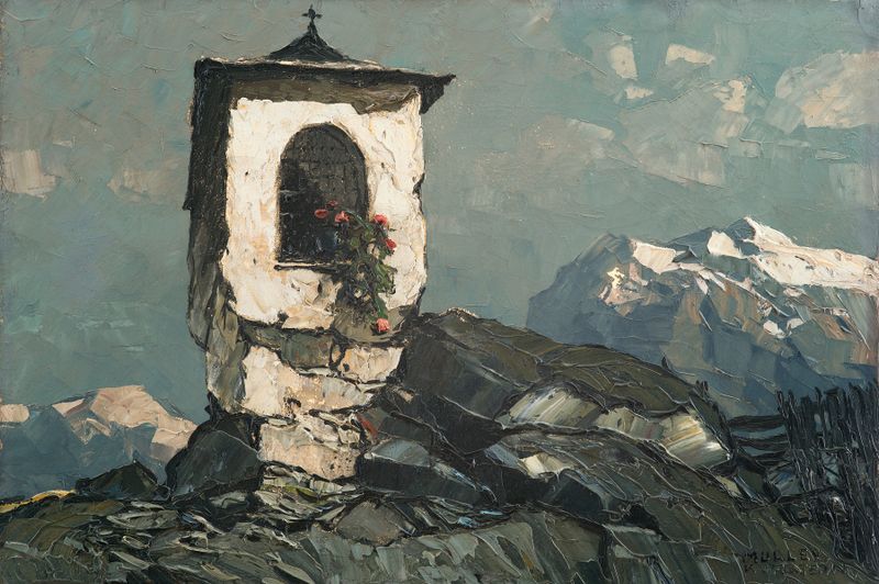 Landscape with mountains and golden light, oil painting by Oskar Mulley