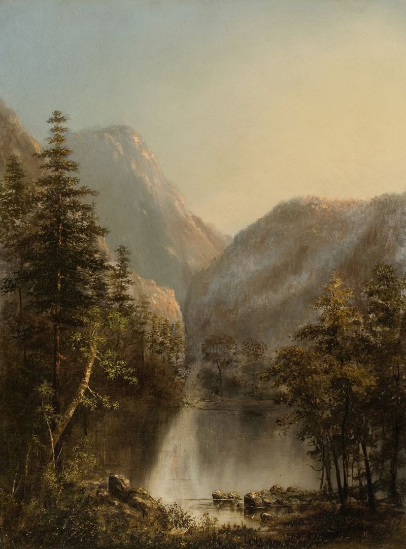 19th-century landscape depicting a lake and mountains by American School