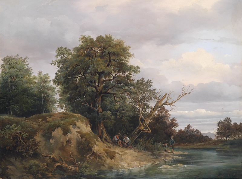 Oil painting by Josef Feid depicting an angler by the river, evoking solitude.