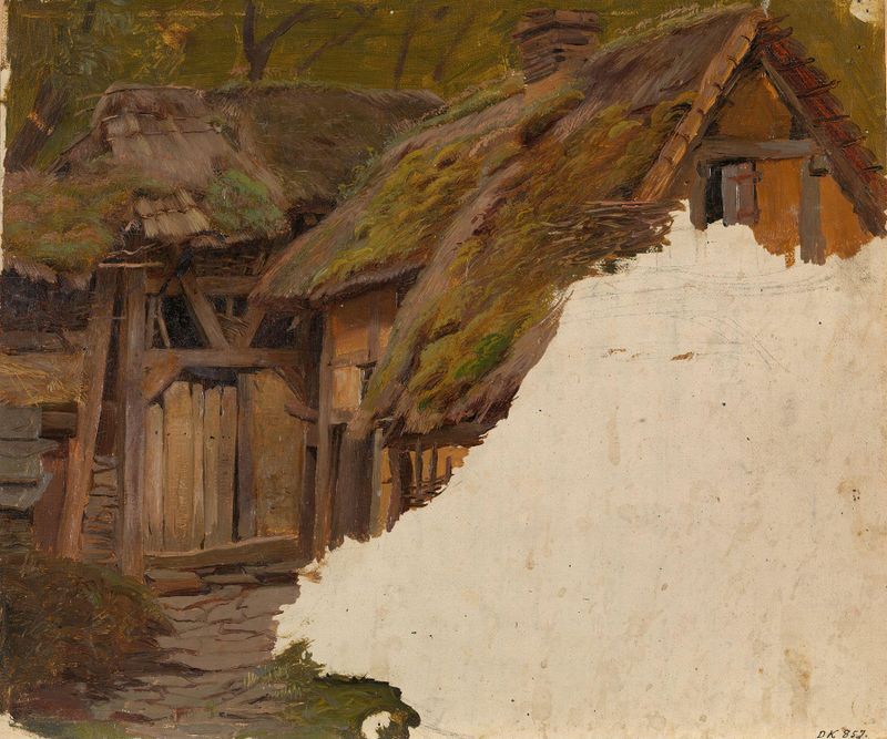 Estudio de una vieja granja de Adolph Tidemand, pintura al óleo que representa un paisaje rural.