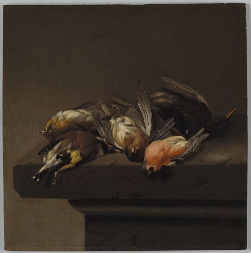 Still Life with Game Birds de Jan Vonck, óleo sobre panel con aves recién cazadas y plumaje rico.