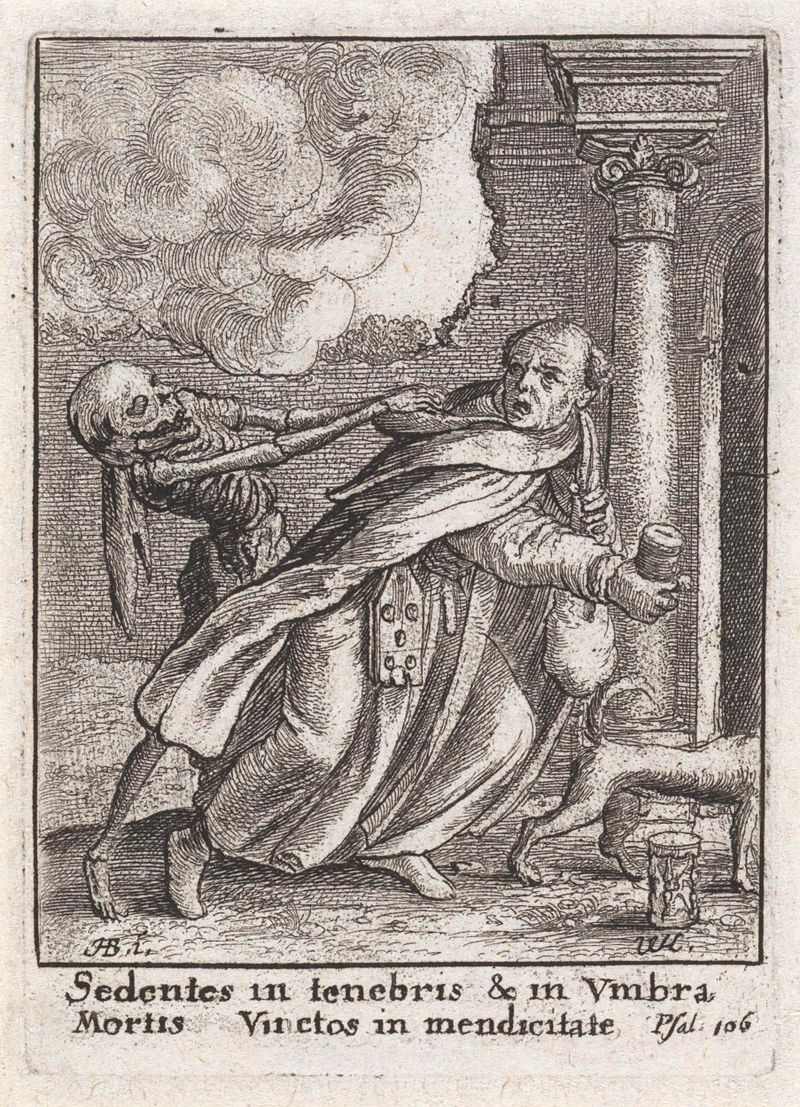 Grabado de Wenceslaus Hollar que representa a un monje en contemplación, luz y sombra.
