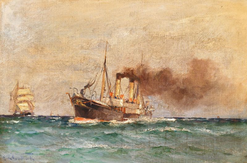 Oil painting by Leonhard Sandrock depicting a ship on a cerulean sea.