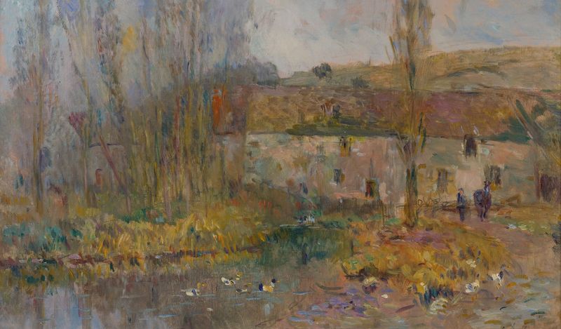 Oil painting by Albert Lebourg depicting a windmill in a Normandy landscape