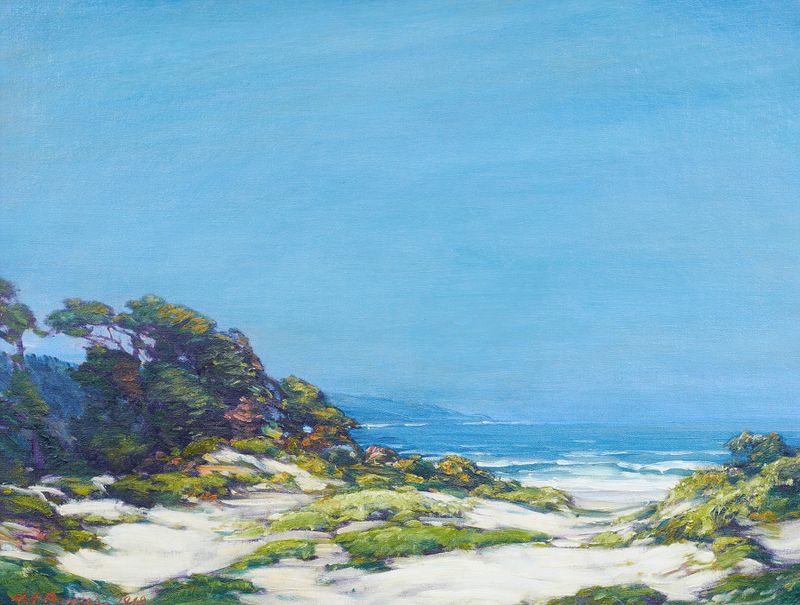Monterey Coast pintura al óleo de Henry Joseph Breuer, que representa olas y cielo.
