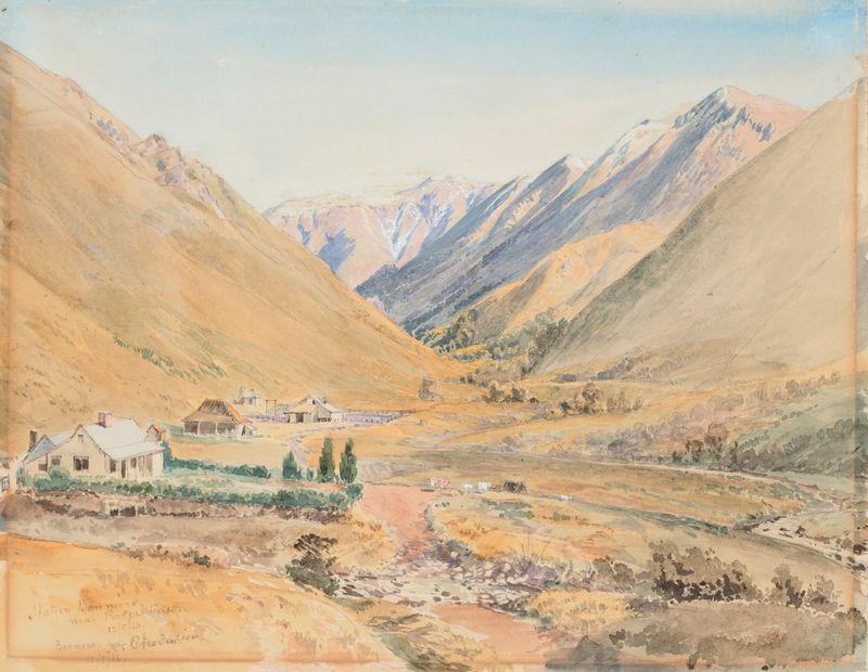 Station Benmore perto de Porters Pass, óleo sobre tela de Nicholas Chevalier, apresentando montanhas e um céu suave.