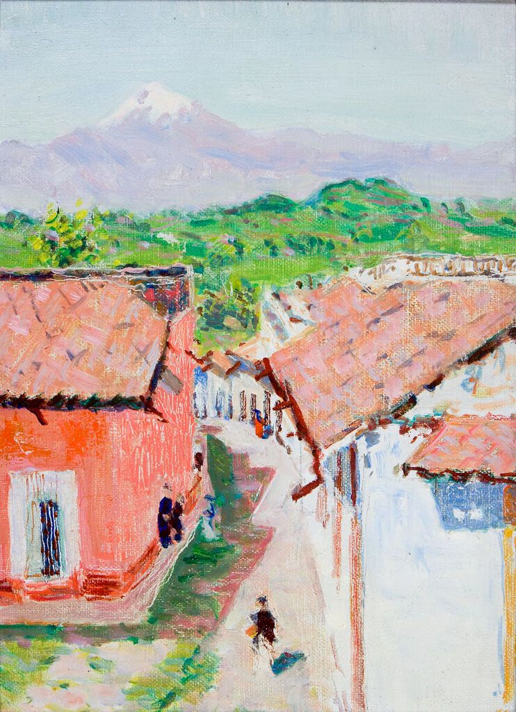 Cena de rua da aldeia com cottages e montanhas, pintura a óleo de Denman Waldo Ross