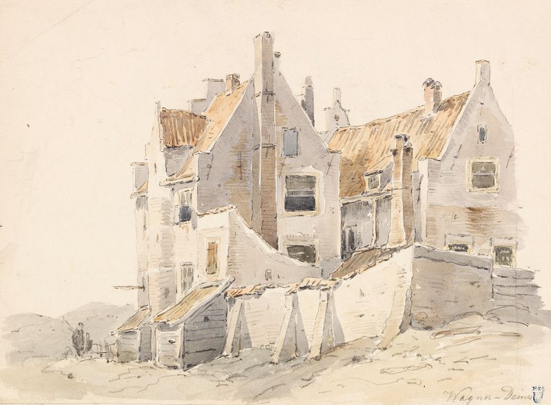 Holländische Häuser de Johann Wagner-Deines, pintura al óleo que representa casas holandesas en un paisaje.
