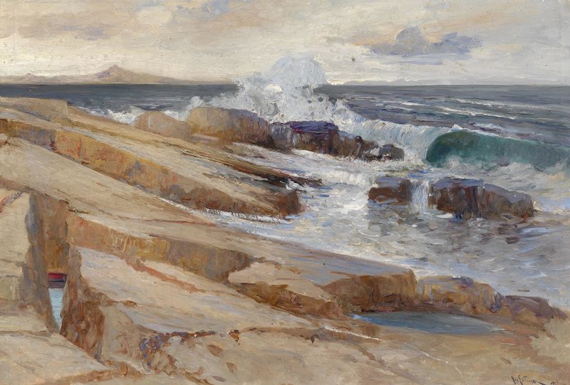 Küstenlandschaft bei Ragusa by Leontine von Littrow, oil on canvas, depicting a coastal landscape with gentle waves.