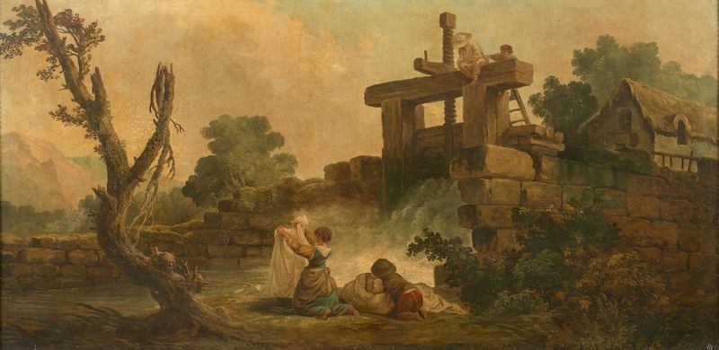 Escena de género con figuras cerca de un puente, óleo de Hubert Robert