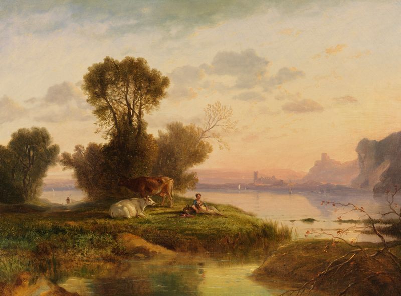 Arkadische Landschaft by Heinrich Dreber, romantic landscape oil painting featuring rolling hills and sunlight.