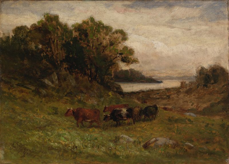 Paisaje con cinco vacas pastando junto a un río, óleo sobre lienzo de Edward Mitchell Bannister