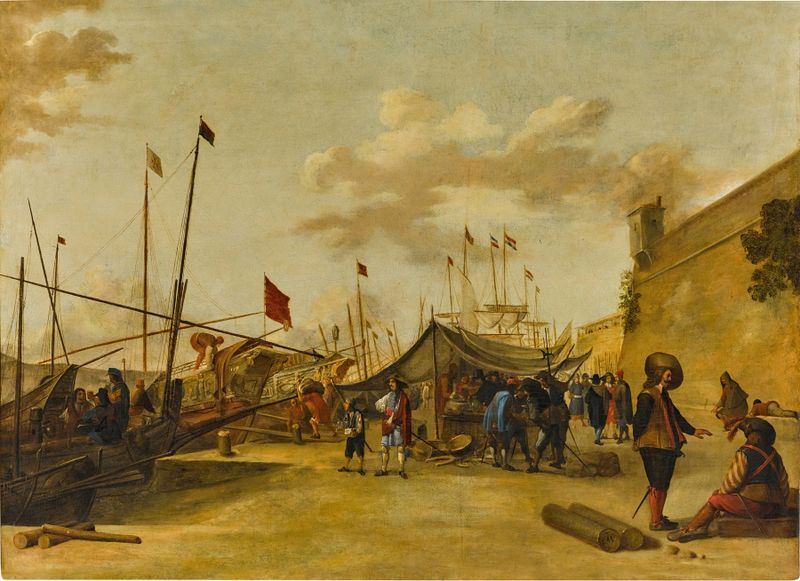 Escena de puerto mediterráneo con barcazas comerciales de la Escuela Genovesa, óleo